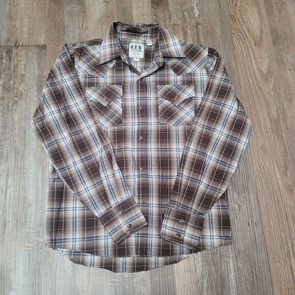 Ely Cattleman Shirt youth Boys Size Medium Pearl Snap Brown Plaid Western - Picture 2 of 5